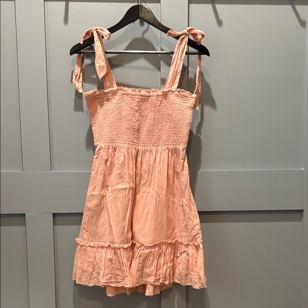Aerie Pink Smocked Tie Front Tiered Dress